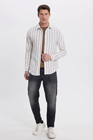 Erkek Slim Fit Dar Kesim Yaka  Düğmeli Çizgili Oduncu Gömlek