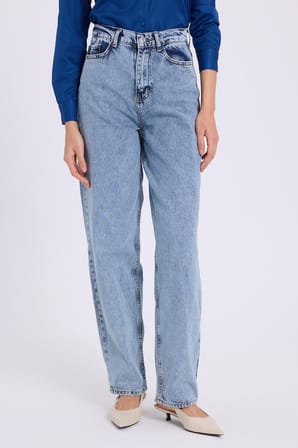 Kadın Regular Fit Klasik Kesim Baggy Pamuklu Geniş Paça Mavi Jean Pantolon