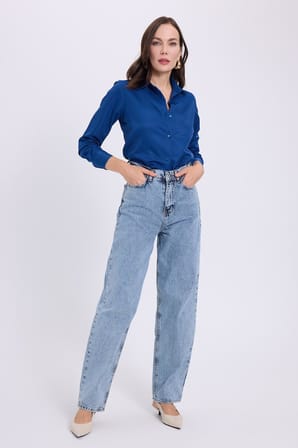 Kadın Regular Fit Klasik Kesim Baggy Pamuklu Geniş Paça Mavi Jean Pantolon