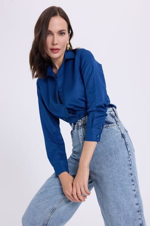 Kadın Regular Fit Klasik Kesim Baggy Pamuklu Geniş Paça Mavi Jean Pantolon