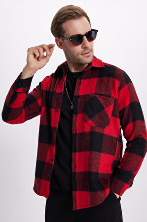 Erkek Regular Fit Klasik Kesim Kareli Cepli Oduncu Gömlek