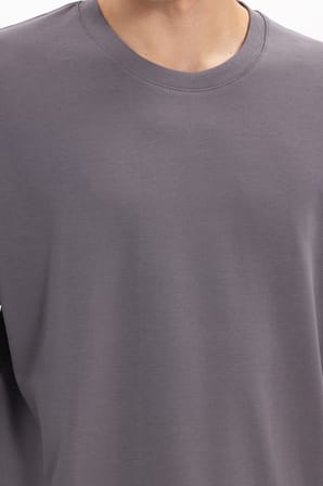 Unisex Relax Fit Rahat Kesim %100 Pamuk Uzun Kollu Bisiklet Yaka Koyu Gri Basic Tişört