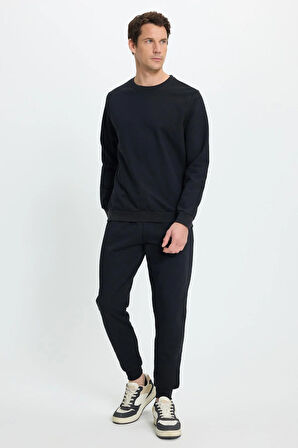 Erkek Relax Fit Pamuklu 2 İplik Yumuşak Dokulu Bisiklet Yaka Siyah Eşofman Takımı