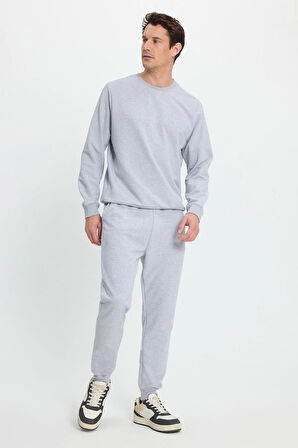 Erkek Relax Fit Pamuklu 2 İplik Yumuşak Dokulu Bisiklet Yaka Gri Eşofman Takımı