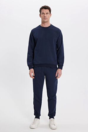 Erkek Relax Fit Pamuklu 2 İplik Yumuşak Dokulu Bisiklet Yaka Lacivert Eşofman Takımı