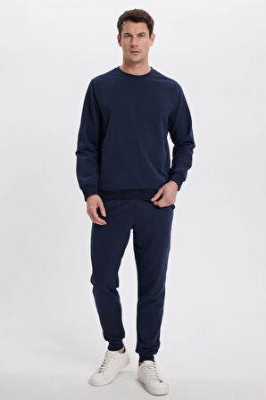 Erkek Relax Fit Pamuklu 2 İplik Yumuşak Dokulu Bisiklet Yaka Lacivert Eşofman Takımı