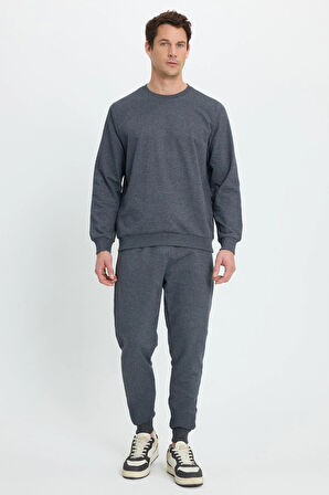 Erkek Relax Fit Pamuklu 2 İplik Yumuşak Dokulu Bisiklet Yaka Füme Eşofman Takımı