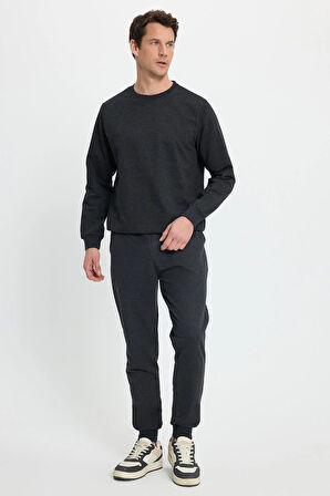 Erkek Relax Fit Pamuklu 2 İplik Yumuşak Dokulu Bisiklet Yaka Antrasit Eşofman Takımı