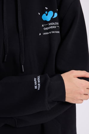 Kadın Oversize Geniş Kesim Pamuklu Yumuşak Dokulu İçi Polarlı Baskılı Siyah Kapüşonlu Sweatshirt