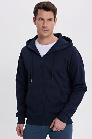 Erkek Relax Fit Rahat Kesim Pamuklu Tam Fermuarlı Kanguru Cepli Sırt Çantalı Lacivert Sweatshirt