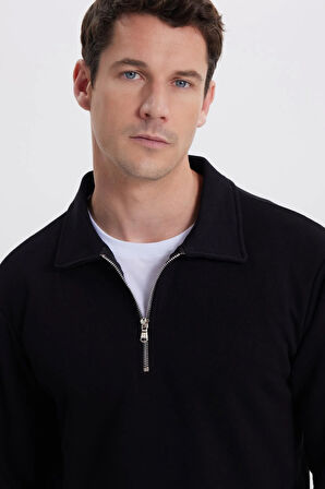 Erkek Relax Fit Rahat Kesim Pamuklu 3 İplik Fermuarlı Polo Yaka Siyah Sweatshirt