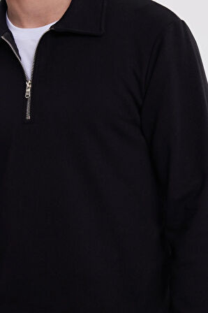 Erkek Relax Fit Rahat Kesim Pamuklu 3 İplik Fermuarlı Polo Yaka Siyah Sweatshirt