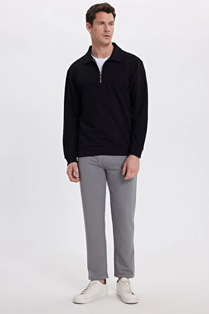 Erkek Relax Fit Rahat Kesim Pamuklu 3 İplik Fermuarlı Polo Yaka Siyah Sweatshirt