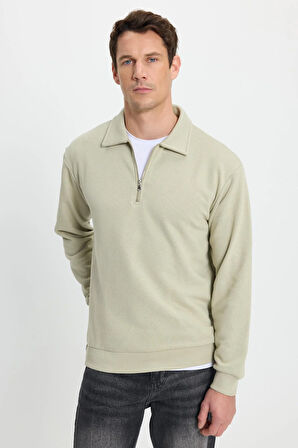 Erkek Relax Fit Rahat Kesim Pamuklu 3 iplik Fermuarlı Polo Yaka Bej Sweatshirt