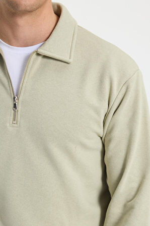 Erkek Relax Fit Rahat Kesim Pamuklu 3 iplik Fermuarlı Polo Yaka Bej Sweatshirt