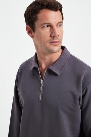 Erkek Relax Fit Rahat Kesim Pamuklu 3 İplik Fermuarlı Polo Yaka Koyu Gri Sweatshirt