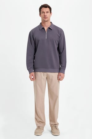 Erkek Relax Fit Rahat Kesim Pamuklu 3 İplik Fermuarlı Polo Yaka Koyu Gri Sweatshirt