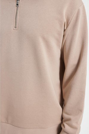 Erkek Relax Fit Rahat Kesim Pamuklu 3 İplik Fermuarlı Polo Yaka Taş Sweatshirt
