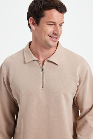 Erkek Relax Fit Rahat Kesim Pamuklu 3 İplik Fermuarlı Polo Yaka Taş Sweatshirt