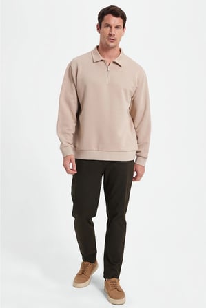 Erkek Relax Fit Rahat Kesim Pamuklu 3 İplik Fermuarlı Polo Yaka Taş Sweatshirt