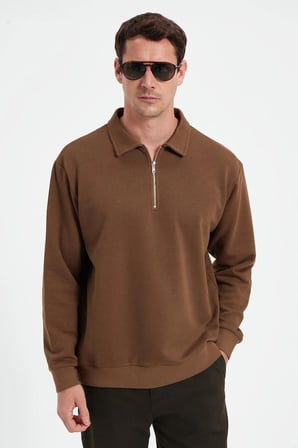 Erkek Relax Fit Rahat Kesim Pamuklu 3 İplik Fermuarlı Polo Yaka Koyu Vizon Sweatshirt
