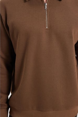 Erkek Relax Fit Rahat Kesim Pamuklu 3 İplik Fermuarlı Polo Yaka Koyu Vizon Sweatshirt