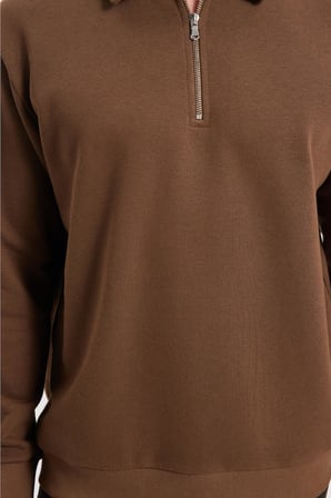 Erkek Relax Fit Rahat Kesim Pamuklu 3 İplik Fermuarlı Polo Yaka Koyu Vizon Sweatshirt