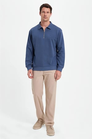 Erkek Relax Fit Rahat Kesim Pamuklu 3 İplik Fermuarlı Polo Yaka Koyu Mavi Sweatshirt