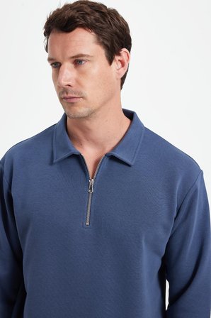 Erkek Relax Fit Rahat Kesim Pamuklu 3 İplik Fermuarlı Polo Yaka Koyu Mavi Sweatshirt