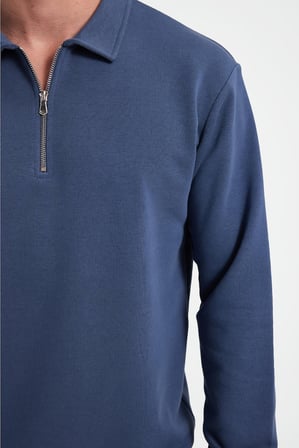 Erkek Relax Fit Rahat Kesim Pamuklu 3 İplik Fermuarlı Polo Yaka Koyu Mavi Sweatshirt