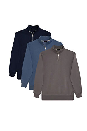 Unisex 3'lü Paket Lacivert-İndigo-Gri Relax Fit Pamuklu Yarım Fermuarlı Dik Yaka Sweatshirt