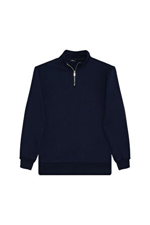 Unisex 3'lü Paket Lacivert-İndigo-Gri Relax Fit Pamuklu Yarım Fermuarlı Dik Yaka Sweatshirt