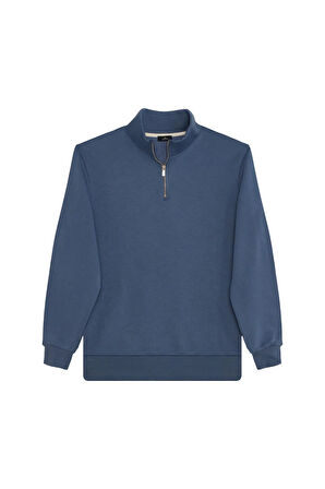 Unisex 3'lü Paket Lacivert-İndigo-Gri Relax Fit Pamuklu Yarım Fermuarlı Dik Yaka Sweatshirt