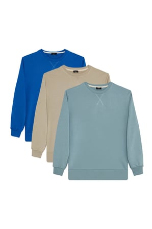 Unisex 3'lü Paket Sax Mavi-Taş-Okyanus Mavi Relax Fit %100 Pamuk 3 İplik Bisiklet Yaka Sweatshirt