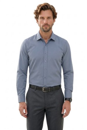 Modern Slim Fit Uzun Kollu Pamuklu Kolay Ütü Armürlü Gri Erkek Gömlek