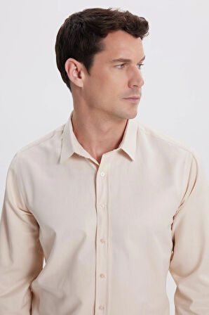 Modern Slim Fit Uzun Kollu Pamuklu Kolay Ütü Armürlü Bej Erkek Gömlek