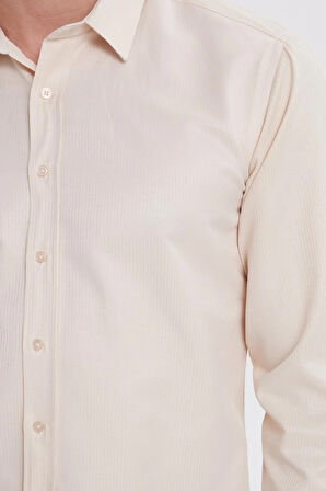 Modern Slim Fit Uzun Kollu Pamuklu Kolay Ütü Armürlü Bej Erkek Gömlek