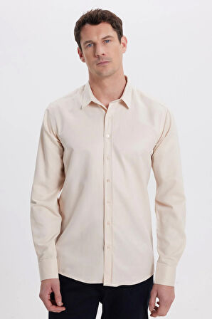 Modern Slim Fit Uzun Kollu Pamuklu Kolay Ütü Armürlü Bej Erkek Gömlek
