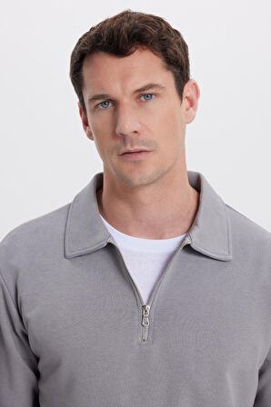 Erkek Relax Fit Rahat Kesim Pamuklu 3 İplik Fermuarlı Polo Yaka Gri Sweatshirt