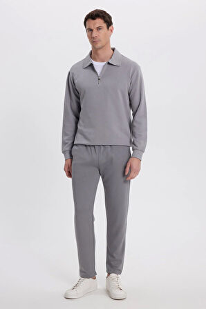 Erkek Relax Fit Rahat Kesim Pamuklu 3 İplik Fermuarlı Polo Yaka Gri Sweatshirt