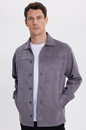 Erkek Relax Fit Rahat Kesim Düz Süet Yan Cepli Gri Ceket Gömlek