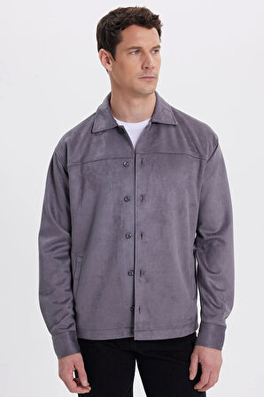 Erkek Relax Fit Rahat Kesim Düz Süet Yan Cepli Gri Ceket Gömlek