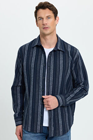 Erkek Relax Fit Rahat Kesim Spor Yaka Çizgili Oduncu Gömlek