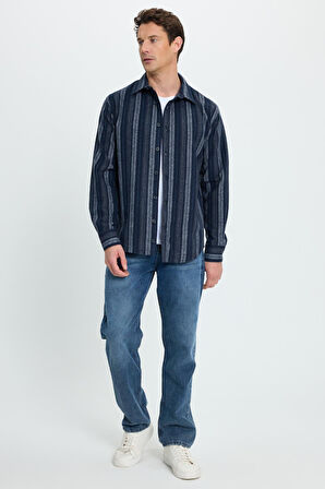 Erkek Relax Fit Rahat Kesim Spor Yaka Çizgili Oduncu Gömlek