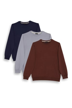 Erkek 3'lü Lacivert-Gri-Kahverengi Relax Fit Rahat Kesim %100 Pamuk 2 İplik Bisiklet Yaka Sweatshirt