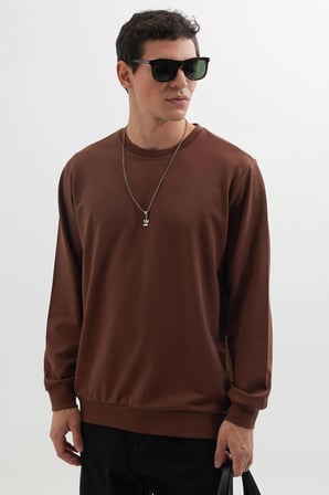 Erkek 3'lü Lacivert-Gri-Kahverengi Relax Fit Rahat Kesim %100 Pamuk 2 İplik Bisiklet Yaka Sweatshirt