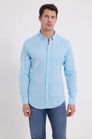 Erkek Slim Fit Dar Kesim Uzun Kollu Keten Premium Seri Düğmeli Yaka Spor Açık Mavi Gömlek