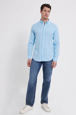 Erkek Slim Fit Dar Kesim Uzun Kollu Keten Premium Seri Düğmeli Yaka Spor Açık Mavi Gömlek