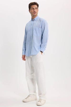 Erkek Regular Fit Klasik Kesim Oversize Pamuklu Keten Doku Düğmeli Yaka Mavi Gömlek