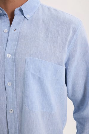 Erkek Regular Fit Klasik Kesim Oversize Pamuklu Keten Doku Düğmeli Yaka Mavi Gömlek